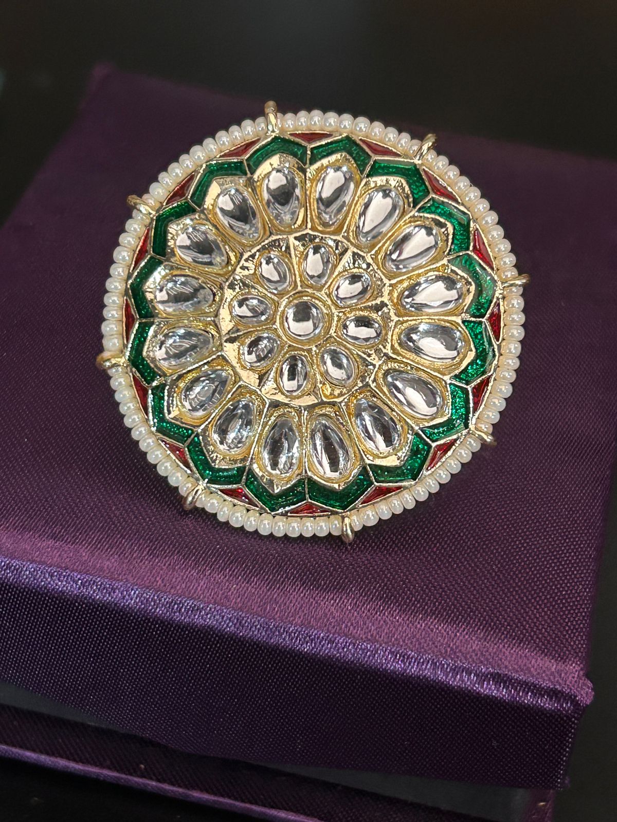 Green & Red Enamel Kundan Adjustable Ring – Oversized Bridal Statement Ring